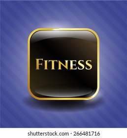 Fitness gold border shiny emblem with blue background