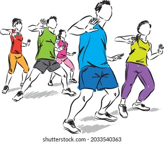 fitness group dancers movements vector illustration