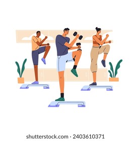 Fitness group practices cardio workout in sport class. People engage step training, pilates. Sporty man, coach with dumbbell goes bench aerobics. Flat isolated vector illustration on white background