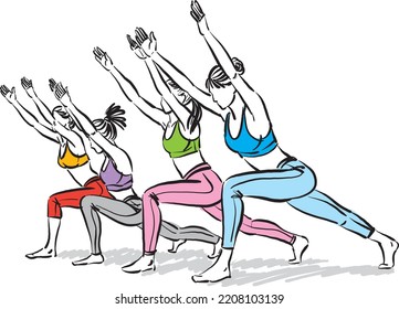 fitness group of women stretching yoga pose exercises vector illustration