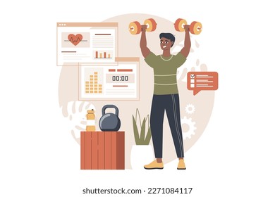 Fitness gum yellow and brown concept with people scene in the flat cartoon design. Man does sports to keep his body in good shape. Vector illustration.