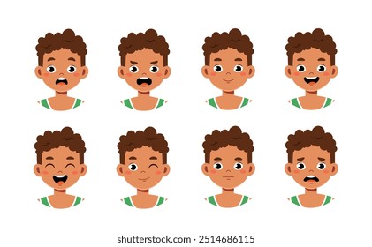 Fitness-Konstrukteur. Mann in Sportuniform. Kit für Anpassungen. Pack Gesicht mit verschiedenen Emotionen. Aktiver Lifestyle und Sport. Flache Vektorgrafik einzeln auf weißem Hintergrund