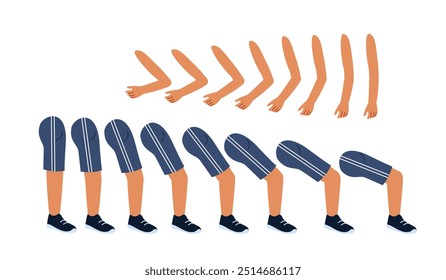 Constructor de chicos de fitness. Hombre con uniforme deportivo. Kit para crear dibujos animados. Pack de pies, manos y piernas. Estilo de vida activo y deportes. Colección plana del Vector aislada en el fondo blanco