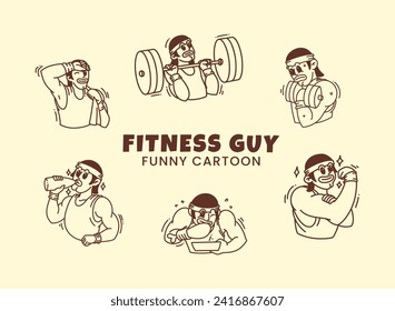 Fitness guy retro vintage cartoon vector set illustration