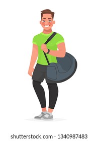 Fitness Guy With A Sports Bag On A White Background. Trainer Or Gym Visitor. Vector Illustration In Cartoon Style