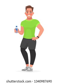 Fitness guy in sportswear holding a bottle of water in his hand. The man in the gym. Vector illustration in cartoon style