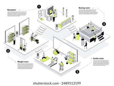 Fitness gym 3d isometric concept in outline design for web. People registering at sport center hall, training at cardio treadmills area, boxing or weightlifting isometry rooms. Vector illustration.