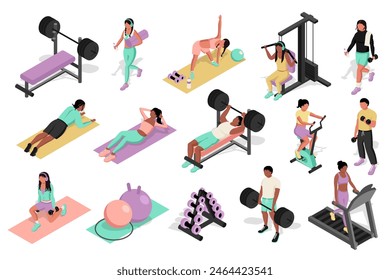 Fitness gimnasio 3d isométrico mega set. Colección isometría plana Elementos de personas entrenando en cintas de correr y ciclismo, haciendo yoga y pilates, levantando barbilla, ejercitando mancuernas. Ilustración vectorial.