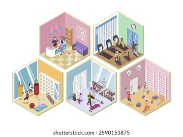 Fitness gym 3d isometric rooms concept in isometry graphic design for web. People registering at sport club reception, training at treadmills, boxing or weightlifting, doing yoga. Vector illustration.