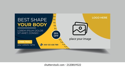 Fitness gym any social media and fcebook cover design. Editable gym exercise social media and web banner template. Video cover photo template