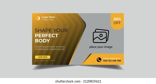 Fitness gym any videos thumbnail design. Editable gym exercise video thumbnail social media and web banner template. Video cover photo template