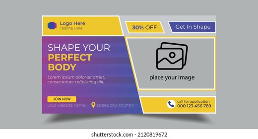 Fitness gym any videos thumbnail design. Editable gym exercise video thumbnail social media and web banner template. Video cover photo template