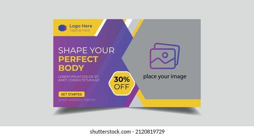Fitness gym any videos thumbnail design. Editable gym exercise video thumbnail social media and web banner template. Video cover photo template