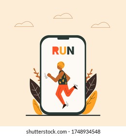 Fitness and gym app vector illustration with african man doing sports activities. Man doing sports and workouts. Man running outdoor. Online fitness workouts concept. Online education concept. 