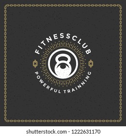 Fitness gym badge or emblem vector illustration. Weight silhouette for t-shirt or print stamp. Retro typography logo design.