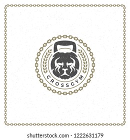 Fitness gym badge or emblem vector illustration. Weight lion head silhouette for t-shirt or print stamp. Retro typography logo design.