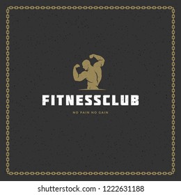 Fitness gym badge or emblem vector illustration. Bodybuilder man silhouette for t-shirt or print stamp. Retro typography logo design.