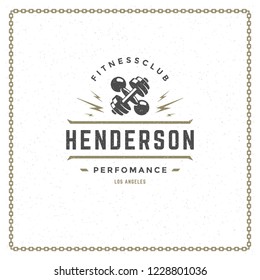 Fitness gym badge or emblem vector illustration. Crossed dumbbells silhouette for t-shirt or print stamp. Retro typography logo design.