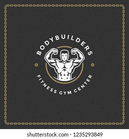 Fitness gym badge or emblem vector illustration. Bodybuilder man silhouette for t-shirt or print stamp. Retro typography logo design.