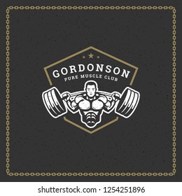 Fitness gym badge or emblem vector illustration. Bodybuilder man lifting a heavy barbell silhouette for t-shirt or print stamp. Retro typography logo design.