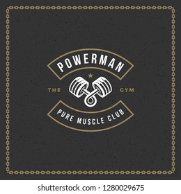 Fitness gym badge or emblem vector illustration. Dumbbell silhouette for t-shirt or print stamp. Retro typography logo design.