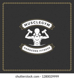 Fitness gym badge or emblem vector illustration. Woman bodybuilder lifting dumbbells silhouette for t-shirt or print stamp. Retro typography logo design.