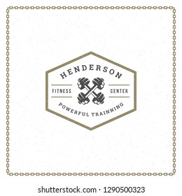 Fitness gym badge or emblem vector illustration. Crossed dumbbells silhouette for t-shirt or print stamp. Retro typography logo design.