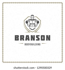 Fitness gym badge or emblem vector illustration. Man bodybuilder lifting kettlebells silhouette for t-shirt or print stamp. Retro typography logo design.