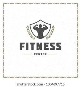 Fitness gym badge or emblem vector illustration. Bodybuilder man silhouette for t-shirt or print stamp. Retro typography logo design.