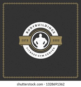 Fitness gym badge or emblem vector illustration. Bodybuilder man silhouette for t-shirt or print stamp. Retro typography logo design.