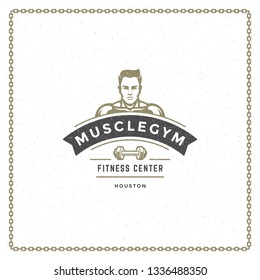 Fitness gym badge or emblem vector illustration. Bodybuilder man silhouette for t-shirt or print stamp. Retro typography logo design.