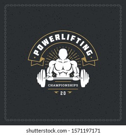 Fitness gym badge or emblem vector illustration bodybuilder man lifting a heavy barbell silhouette for t-shirt or print stamp. Retro typography logo design.