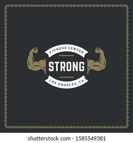 Fitness gym badge or emblem vector illustration. Bodybuilder man arm biceps silhouette for t-shirt or print stamp. Retro typography logo design.