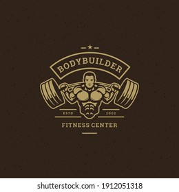 Fitness gym badge or emblem vector illustration bodybuilder man lifting a heavy barbell silhouette for t-shirt or print stamp. Retro typography logo design.