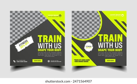 Fitness gym banner, sports  event social media post banner with green color . Workout ,vector layout template