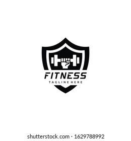 Fitness Gym Barbell / Dumbbell Combination Shield logo design Icon Vector Inspiration