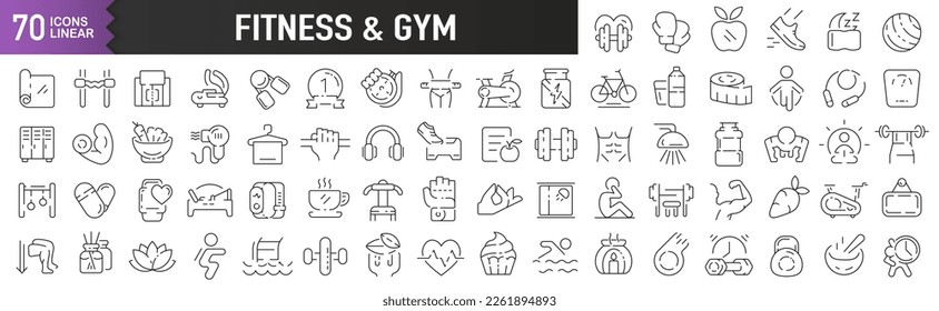 Fitness and gym black linear icons. Collection of 70 icons in black. Big set of linear icons