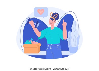 Fitness gym blue concept with people scene in the flat cartoon design. Woman does sports to monitor her health. Vector illustration.