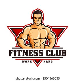 Fitness gym bodybuilder logo template in vector, with muscle man character or mascot