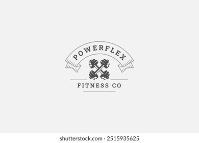 Fitness gym bodybuilding center crossed dumbbells retro logo design template vector flat illustration. Sport athletic training workout physical exercise healthy lifestyle minimalist logotype