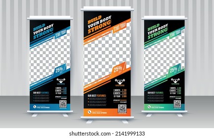 Fitness Gym Business Standee Rollup Banner Design Vector Template