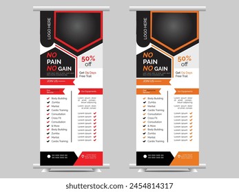 Fitness gym business stander rollup banner design vector template