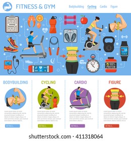 Fitness, Gym, Cardio, Healthy Lifestyle Infographics for Mobile Applications, Web Site, Advertising with Exercise Bike, Treadmill, Waist and Gadgets icons. Vector illustration