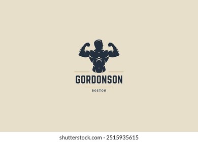 Fitness centro de ginástica musculação esporte homem silhueta retro logo design modelo vetor ilustração plana. Esporte clube treino muscular treino atlético masculino mostrando bíceps minimalista velho logotipo estilo