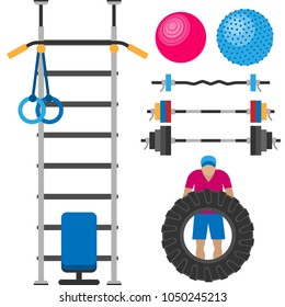 Fitness gym club athlet sport activity body tools wellness dumbbell equipment vector illustration
