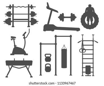 Fitness gym club athlet sport activity body tools silhouette wellness dumbbell equipment vector illustration