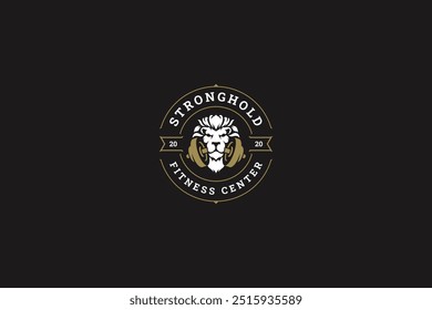 Club de gimnasio de fitness león con mancuerna círculo retro logo diseño Plantilla Vector plana ilustración. Fuerte poder leo animal con retrato de peso atlético creativo logotipo minimalista para el culturismo