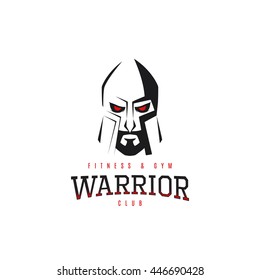 Fitness and GYM club logo template. Vector label of silhouette of head of warrior isolated on the white background. Symbol of extreme sport.