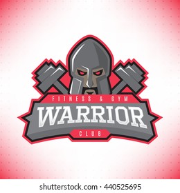 Fitness and GYM club logo. Vector template of label of head of warrior isolated on the white background. Symbol of extreme sport.