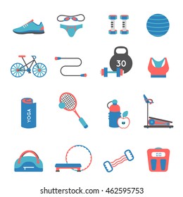 Fitness gym colored and isolated flat icon set with accessories and elements of athletics vector illustration